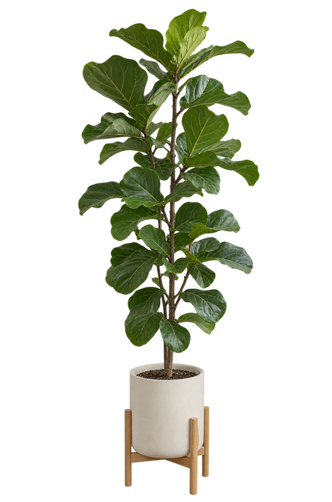 A fiddle leaf fig in a white pot on a wooden stand