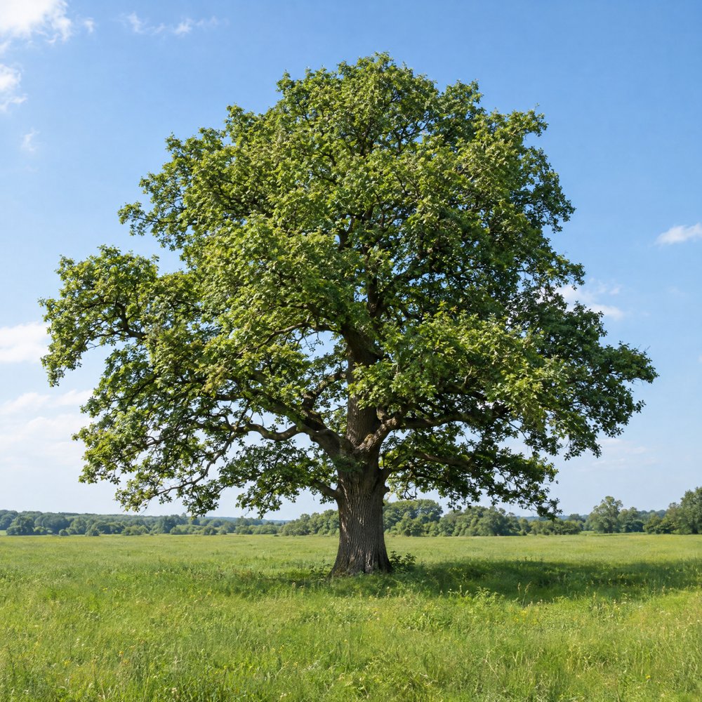 A broad oak tree in full leaf standing in a grassy field