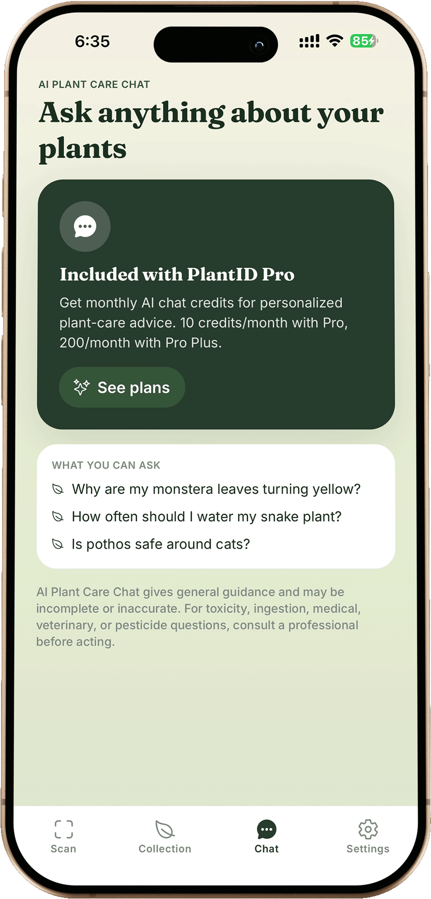 AI Plant Care Assistant chat screen