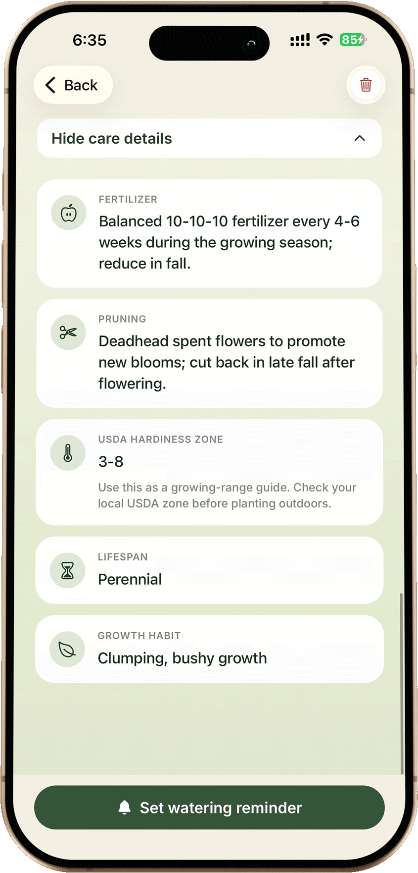 Advanced plant care details screen