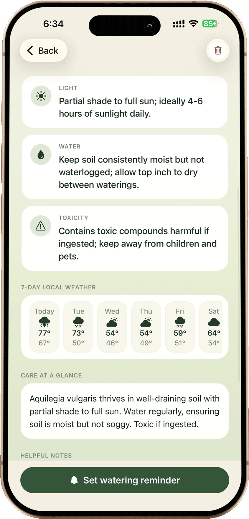 Plant care guide screen with 7-day local weather