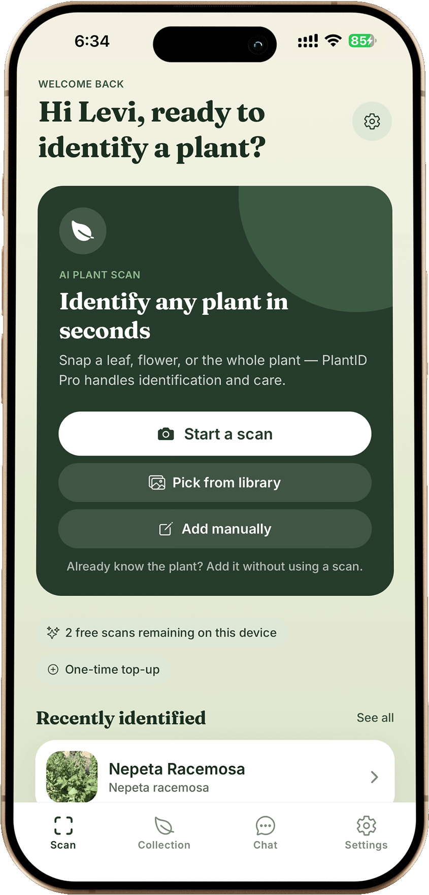 PlantID Pro home screen — Hi Levi, ready to identify a plant?